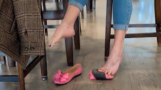 Playful In Pink Flats (Public Shoeplay, Dangling, Bare Feet, Shoe Loss, Soles)