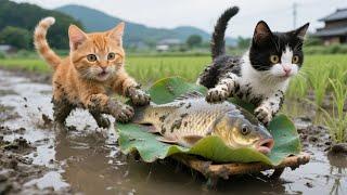 Mama Cat Takes Kittens To The Countryside To Harvest Rice, Play In The Mud And Catch Fish