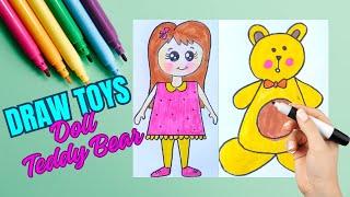 Draw Toys | Doll Drawing | Teddy Bear Drawing | Drawing & Coloring |  Hussnain Ali Vlogs