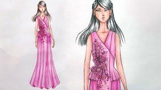 Cara Menggambar Desain Gaun Pesta | Fashion Illustration: How to Draw Beautiful Evening Dress