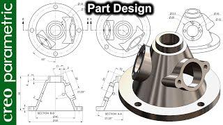 Complex part design for beginners | Machine part 21 in Creo Parametric