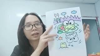 Instructions for coloring a picture of a frog in the rain