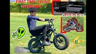 KID TESTING ALIEN RIDES ATOM ELECTRIC BIKE **TRIES WHEELING**