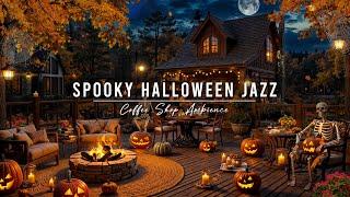 Spooky Night at Cozy Fall Porch Halloween Ambience  Relaxing Jazz Music & Crackling Fireplace