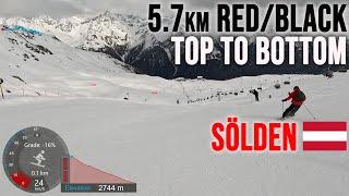 [4K] Skiing Sölden, 5.7 km Black & Red Top to Bottom on Pistes 14, 19 and 21, Austria, GoPro HERO11