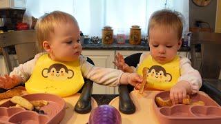 Twins try peanut butter toast with banana