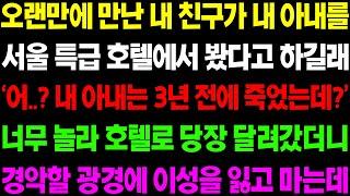 (실화사연) 오랜만에 만난 내 친구가 죽은 내 아내를 서울 특급 호텔에서 봤다고 하길래 설마 하는 마음에 호텔로 갔더니 경악할 광경이../ 사이다 사연,  감동사연, 톡톡사연