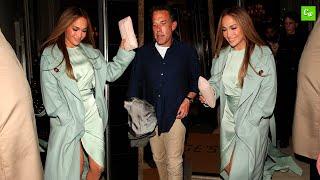 Jennifer Lopez puts on a leggy display in a sage green dress as she to The Graham Norton Show