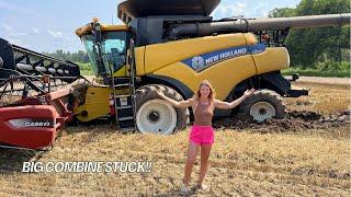 Combining Wheat in Wet Conditions (Big Combine Stuck in MUD)