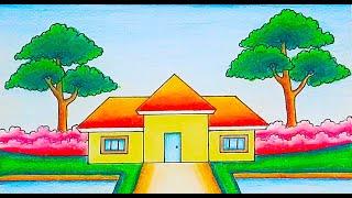 How to draw a house scenery easy, house drawing easy step by step with clean environment