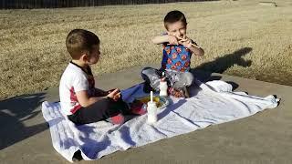 Brothers Having a Picnic on the Back Patio with Chopsticks