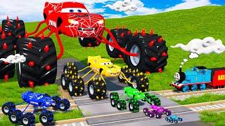 Big & Small: Spider McQueen Monster Truck Spiked Thorns vs Thomas Train | BeamNG.drive