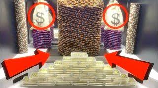 WORLD’S LARGEST POKER CHIP TOWER NEARLY “BROKE” THE COIN PUSHER MACHINE! (MUST WATCH)