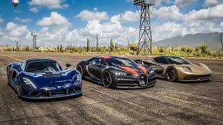 Forza Horizon 5 Drag race: Hennessey Venom F5 vs Bugatti Chiron SS (Replica) vs Lotus Evija