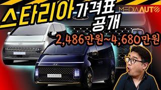 현대 스타리아 가격 공개...2486만원~4680만원까지...(3밴에도 반자율주행 가능? 스마트크루즈콘트롤, 차로유지보조 기본!  K8과 같은 3.5 LPG엔진 적용!)