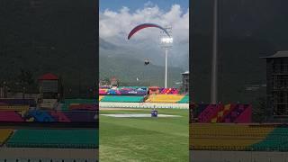 Icc world cup trophy ke sath paraglider hpca Dharamshala cricket stadium me Land krta huya #shorts