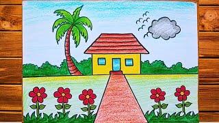 House Scenery Drawing For Beginners || How to Draw Scenery Step by Step || #Scenery