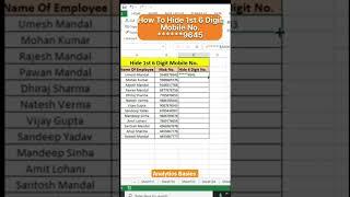 Hide 1st 6 Digit Mobile No #shorts #msexcel #excel #exceltips #exceltutorial #techmicrosoft #viral