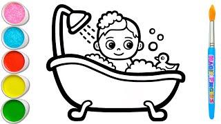 Baby in a Bathtub Picture Drawing, Painting, Coloring for Kids and Toddlers | Let's Draw #352