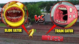 DRONE CATCHES TRAIN EATER VS SLIDE EATER IN REAL LIFE!!