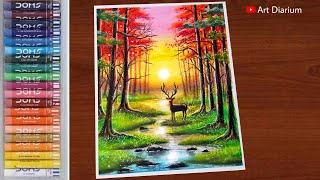 Deer Forest Scenery Drawing with Oil Pastel- Step by Step