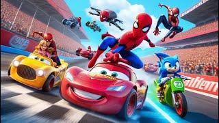 الأبطال الخارقين على دراجة نارية - Superheroes on a motorcycle ride on the Spider Mcqueen bridge