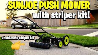 20” Sunjoe Push REEL mower with checkmate striper kit  Gave him a 2nd chance did he redeem himself?