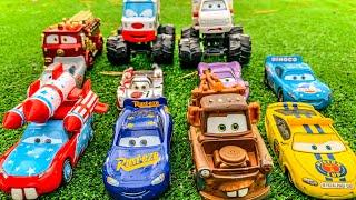 Disney Pixar Cars falling into deep pool, Lightning McQueen, Tow Mater, Mack, Sally, Francesco