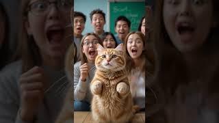    Group of students reacting dramatically as a cat reveals an oversized lunc