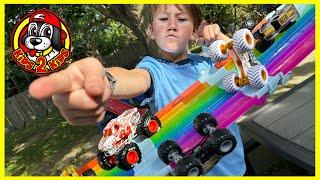 KIDS PLAY-ALONG | BUILD WITH CALEB A MONSTER TRUCK RACE TRACK ONTO HIS TRAMPOLINE