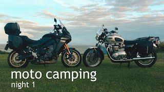 Moto Camping on a Yamaha Tracer 9 GT and a Triumph Bonneville T120.