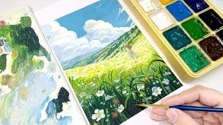 Studio Ghibli Painting / Gouache Landscape Tutorial / Paint with Me / Free Printable Sketch ️️