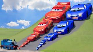 Big & Small Blue Flip vs Big & Small Lightning Mcqueen vs Thomas the Tank Engine Train | BeamNGDrive