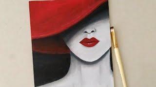 Lady in Red Hat Acrylic painting ||  A Girl hiding under a Hat  || How to Paint a Lady with Hat ||