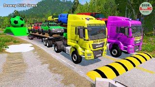 Double Flatbed Trailer Truck vs speed bumps|Busses vs speed bumps|Beamng Drive|445