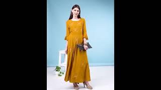 Vbuyz Women's Embroidered Anarkali Rayon Mustard Kurta