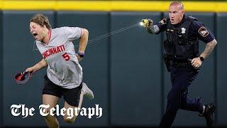 Pitch-invading baseball fan tasered by police after performing backflip