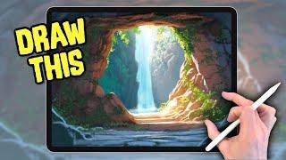 PROCREATE Landscape DRAWING Tutorial in Easy STEPS - Waterfall Cave