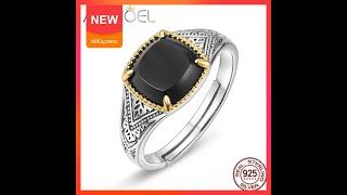 ALLNOEL Solid 925 Sterling Silver Ring For Women 100% Natural Black Agate luxury Female Jewelry