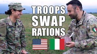 Italian  and American  soldiers swap rations