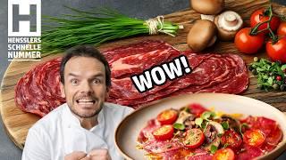 Schnelles Beef Carpaccio mit geschmorten Tomaten und Champignons Rezept von Steffen Henssler