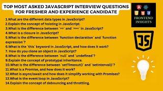 Top most asked javascript interview questions for fresher and experienced | Frontend Insights