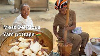 African Village Life | Authentic way of Cooking YAM POTTAGE with PALM NUT SOUP