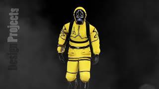 A man in a protective suit walks against the background of smoke. Loopable Background.