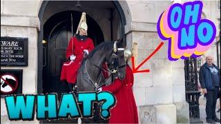 The guard intervenes at the guard horse to calm him down as he has gone mad!