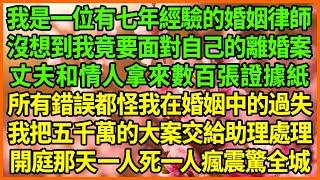 我是一位有七年經驗的婚姻律師，沒想到我竟要面對自己的離婚案，丈夫和情人拿來數百張證據紙，所有錯誤都怪我在婚姻中的過失，我把五千萬的大案交給助理處理，開庭那天一人死一人瘋震驚全城！#爽文 #家庭故事