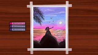 easy sunset drawing || girl drawing || how to use soft pastels || zeeni Arts || #draw #simpledrawing