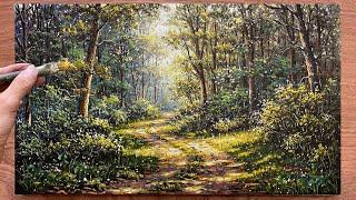 How to paint sparkling sunlight on a forest path / Forest landscape painting / Acrylic painting.