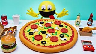 ASMR MUKBANG | Cheesy Pizza and Burger - Pac Man Stop Motion Mukbang