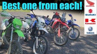 Best Dual sport motorcycle from each Japanese manufacture: Suzuki, Honda, Yamaha, and Kawasaki.